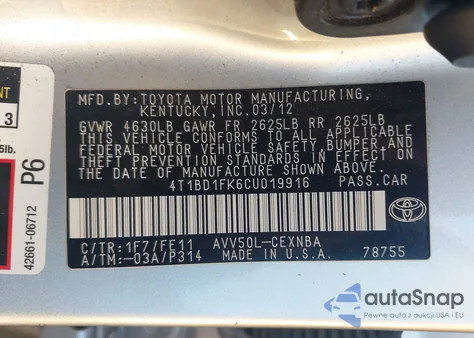 2012 Toyota Camry Hybrid Le из США, поврежденный, VIN 4T1BD1FK6CU019916